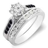 1.00 Carat (ctw) 14k White Gold Round Black & White Diamond Ladies Bridal Engagement Ring Set With Matching Band 1 CT
