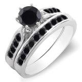1.00 Carat (ctw) 14k White Gold Round Black Diamond Ladies Bridal Engagement Ring Set With Matching Band 1 CT