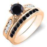 1.00 Carat (ctw) 14k Rose Gold Round Black & White Diamond Ladies Bridal Engagement Ring Set With Matching Band 1 CT