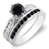 1.00 Carat (ctw) 14k White Gold Round Black & White Diamond Ladies Bridal Engagement Ring Set With Matching Band 1 CT