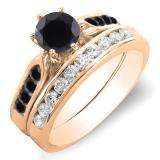 1.00 Carat (ctw) 14k Rose Gold Round Black & White Diamond Ladies Bridal Engagement Ring Set With Matching Band 1 CT