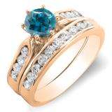 1.00 Carat (ctw) 14k Rose Gold Round Blue & White Diamond Ladies Bridal Engagement Ring Set With Matching Band 1 CT