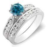 1.00 Carat (ctw) 14k White Gold Round Blue & White Diamond Ladies Bridal Engagement Ring Set With Matching Band 1 CT