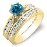 1.00 Carat (ctw) 14k Yellow Gold Round Blue & White Diamond Ladies Bridal Engagement Ring Set With Matching Band 1 CT