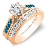 1.00 Carat (ctw) 14k Rose Gold Round Blue & White Diamond Ladies Bridal Engagement Ring Set With Matching Band 1 CT