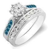 1.00 Carat (ctw) 14k White Gold Round Blue & White Diamond Ladies Bridal Engagement Ring Set With Matching Band 1 CT