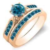 1.00 Carat (ctw) 14k Rose Gold Round Blue Diamond Ladies Bridal Engagement Ring Set With Matching Band 1 CT