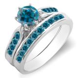 1.00 Carat (ctw) 14k White Gold Round Blue Diamond Ladies Bridal Engagement Ring Set With Matching Band 1 CT