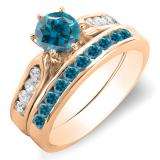 1.00 Carat (ctw) 14k Rose Gold Round Blue & White Diamond Ladies Bridal Engagement Ring Set With Matching Band 1 CT