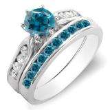 1.00 Carat (ctw) 14k White Gold Round Blue & White Diamond Ladies Bridal Engagement Ring Set With Matching Band 1 CT