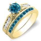 1.00 Carat (ctw) 14k Yellow Gold Round Blue & White Diamond Ladies Bridal Engagement Ring Set With Matching Band 1 CT