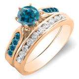 1.00 Carat (ctw) 14k Rose Gold Round Blue & White Diamond Ladies Bridal Engagement Ring Set With Matching Band 1 CT
