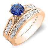 1.00 Carat (ctw) 10k Rose Gold Round Blue Sapphire & White Diamond Ladies Bridal Engagement Ring Set With Matching Band 1 CT