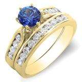1.00 Carat (ctw) 10k Yellow Gold Round Blue Sapphire & White Diamond Ladies Bridal Engagement Ring Set With Matching Band 1 CT