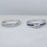 1.00 Carat (ctw) 14k White Gold Round Blue Sapphire & White Diamond Ladies Bridal Engagement Ring Set With Matching Band 1 CT