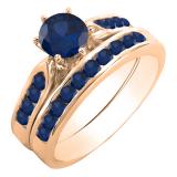 1.00 Carat (ctw) 14k Rose Gold Round Blue Sapphire Ladies Bridal Engagement Ring Set With Matching Band 1 CT