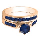 1.00 Carat (ctw) 14k Rose Gold Round Blue Sapphire Ladies Bridal Engagement Ring Set With Matching Band 1 CT