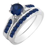 1.00 Carat (ctw) 14k White Gold Round Blue Sapphire Ladies Bridal Engagement Ring Set With Matching Band 1 CT