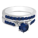 1.00 Carat (ctw) 14k White Gold Round Blue Sapphire Ladies Bridal Engagement Ring Set With Matching Band 1 CT