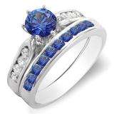 1.00 Carat (ctw) 14k White Gold Round Blue Sapphire & White Diamond Ladies Bridal Engagement Ring Set With Matching Band 1 CT