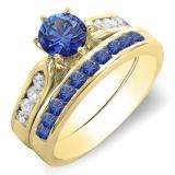 1.00 Carat (ctw) 14k Yellow Gold Round Blue Sapphire & White Diamond Ladies Bridal Engagement Ring Set With Matching Band 1 CT