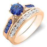 1.00 Carat (ctw) 14k Rose Gold Round Blue Sapphire & White Diamond Ladies Bridal Engagement Ring Set With Matching Band 1 CT