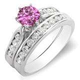 1.00 Carat (ctw) 10k White Gold Round Pink Sapphire & White Diamond Ladies Bridal Engagement Ring Set With Matching Band 1 CT