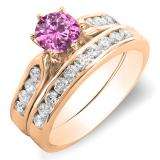 1.00 Carat (ctw) 14k Rose Gold Round Pink Sapphire & Rose Diamond Ladies Bridal Engagement Ring Set With Matching Band 1 CT