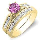 1.00 Carat (ctw) 14k Yellow Gold Round Pink Sapphire & Yellow Diamond Ladies Bridal Engagement Ring Set With Matching Band 1 CT