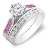 1.00 Carat (ctw) 14k White Gold Round Pink Sapphire & White Diamond Ladies Bridal Engagement Ring Set With Matching Band 1 CT