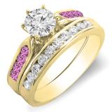 1.00 Carat (ctw) 14k Yellow Gold Round Pink Sapphire & White Diamond Ladies Bridal Engagement Ring Set With Matching Band 1 CT