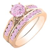 1.00 Carat (ctw) 14k Rose Gold Round Pink Sapphire Ladies Bridal Engagement Ring Set With Matching Band 1 CT