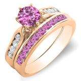 1.00 Carat (ctw) 14k Rose Gold Round Pink Sapphire & White Diamond Ladies Bridal Engagement Ring Set With Matching Band 1 CT