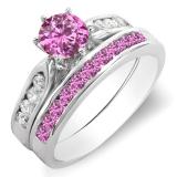 1.00 Carat (ctw) 14k White Gold Round Pink Sapphire & White Diamond Ladies Bridal Engagement Ring Set With Matching Band 1 CT
