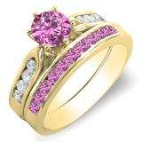1.00 Carat (ctw) 14k Yellow Gold Round Pink Sapphire & White Diamond Ladies Bridal Engagement Ring Set With Matching Band 1 CT