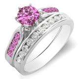 1.00 Carat (ctw) 10k White Gold Round Pink Sapphire & White Diamond Ladies Bridal Engagement Ring Set With Matching Band 1 CT