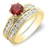 1.00 Carat (ctw) 10k Yellow Gold Round Red Ruby & Yellow Diamond Ladies Bridal Engagement Ring Set With Matching Band 1 CT