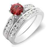 1.00 Carat (ctw) 14k White Gold Round Red Ruby & White Diamond Ladies Bridal Engagement Ring Set With Matching Band 1 CT