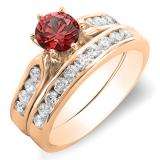 1.00 Carat (ctw) 18k Rose Gold Round Red Ruby & Rose Diamond Ladies Bridal Engagement Ring Set With Matching Band 1 CT