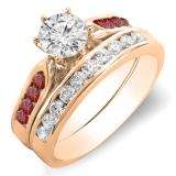 1.00 Carat (ctw) 14k Rose Gold Round Red Ruby & White Diamond Ladies Bridal Engagement Ring Set With Matching Band 1 CT