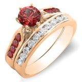 1.00 Carat (ctw) 14k Rose Gold Round Red Ruby & White Diamond Ladies Bridal Engagement Ring Set With Matching Band 1 CT