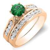 1.00 Carat (ctw) 14k Rose Gold Round Green Emerald & Rose Diamond Ladies Bridal Engagement Ring Set With Matching Band 1 CT