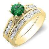 1.00 Carat (ctw) 14k Yellow Gold Round Green Emerald & Yellow Diamond Ladies Bridal Engagement Ring Set With Matching Band 1 CT