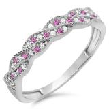0.25 Carat (ctw) 14k White Gold Round White Diamond & Pink Sapphire Ladies Anniversary Wedding Stackable Band Swirl Ring 1/4 CT