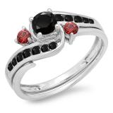 0.90 Carat (ctw) 14K White Gold Round Black Diamond & Ruby Side Stones Ladies Swirl Bridal Engagement Ring Matching Band Set