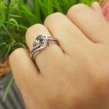0.90 Carat (ctw) 14K White Gold Round Black Diamond & Ruby Side Stones Ladies Swirl Bridal Engagement Ring Matching Band Set