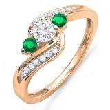 0.80 Carat (ctw) 10K Rose Gold Round Emerald & White Diamond Ladies Swirl 3 Stone Bridal Engagement Ring 3/4 CT