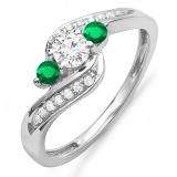 0.80 Carat (ctw) 10K White Gold Round Emerald & White Diamond Ladies Swirl 3 Stone Bridal Engagement Ring 3/4 CT