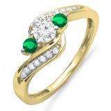 0.80 Carat (ctw) 10K Yellow Gold Round Emerald & White Diamond Ladies Swirl 3 Stone Bridal Engagement Ring 3/4 CT