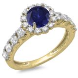 1.35 Carat (ctw) 10K Yellow Gold Round Cut Blue Sapphire & White Diamond Ladies Bridal Cluster Halo Style Engagement Ring